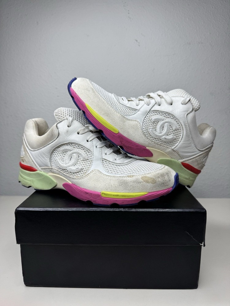 Chanel G26582 White Multicolor Trainers Sneakers Size 37 1/2 / US 7 Rare - Used