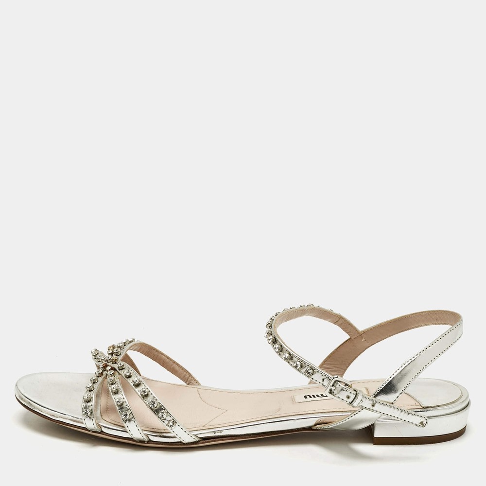 Miu Miu Silver Patent Leather Crystals Embellished Flat Sandals Size 38.5