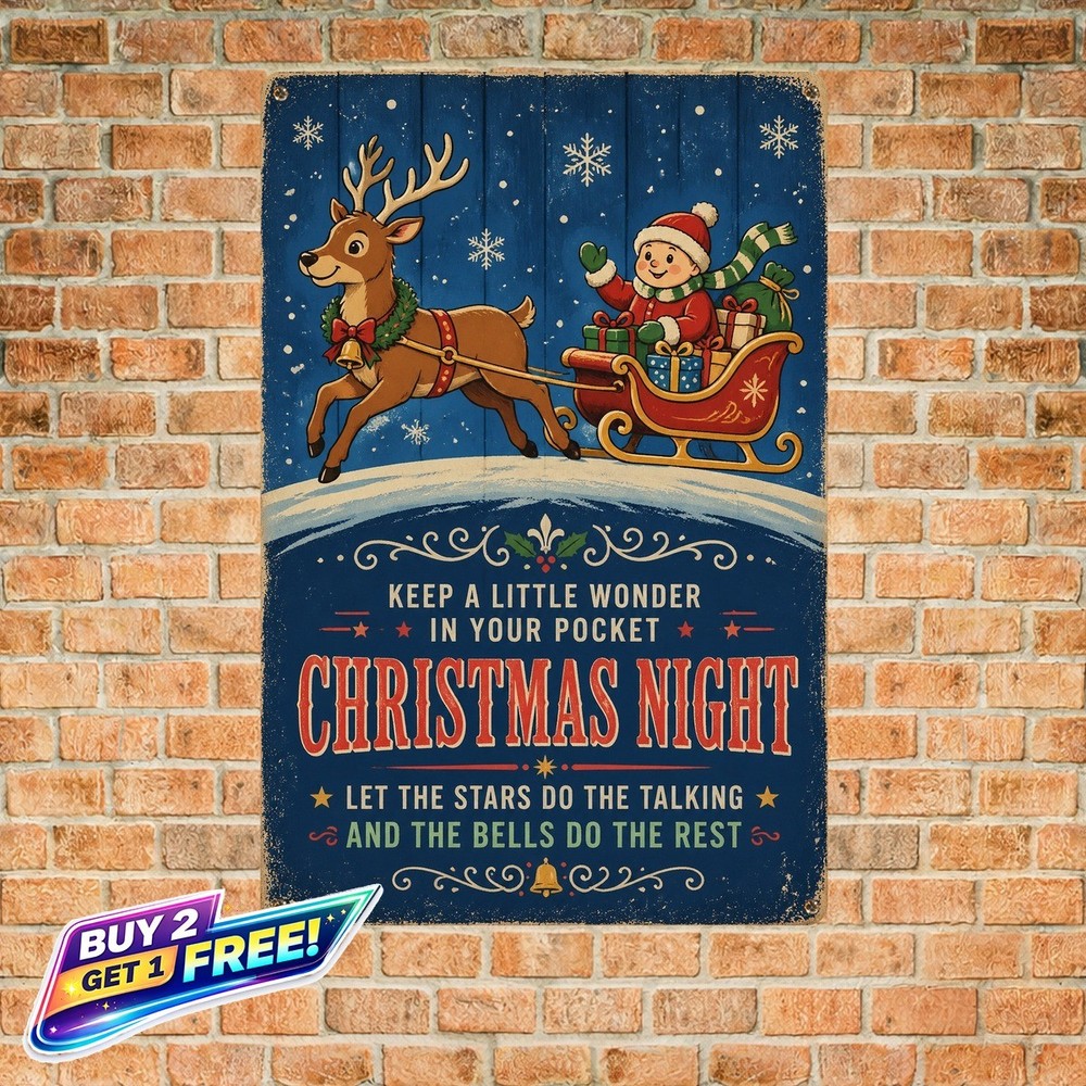 Reindeer and Sleigh Holiday Tin Metal Sign Christmas Wall Decor