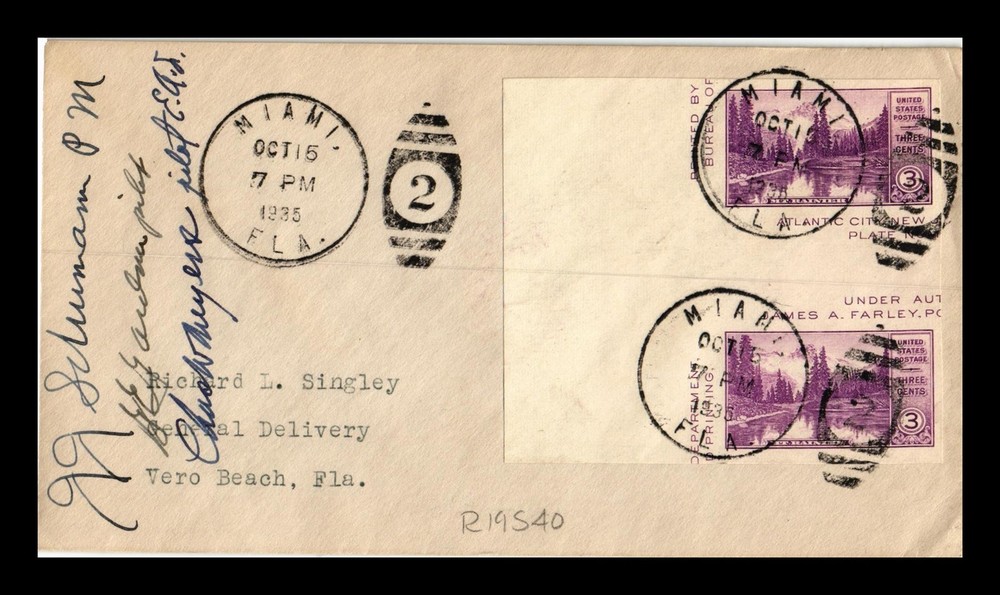 Dr Jim Stamps Us Cover First Air Mail Flight Miami Florida Vero Beach Signed