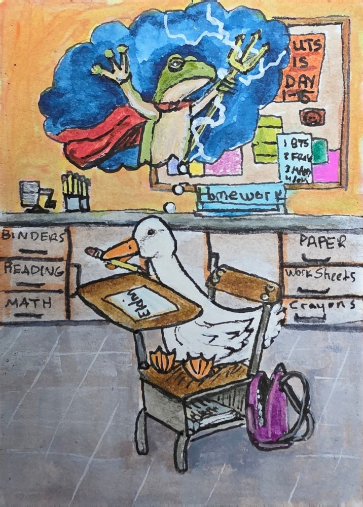 ACEO Original Cartoon Duck & Frog Classroom Illustration Artist Beatrice