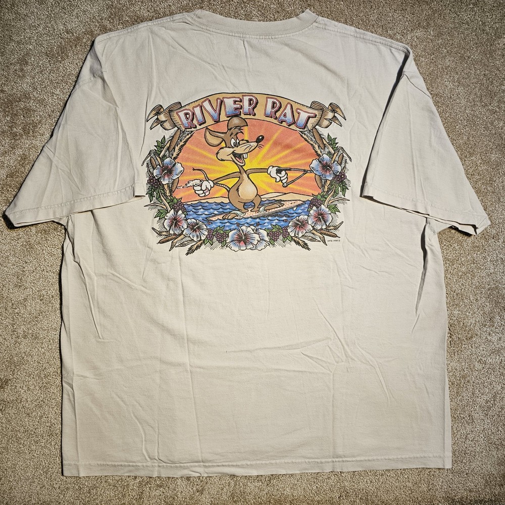 Vtg 90s Emerald Cove River Rat Size 2XL White T-Shirt Graphic Grunge Thrashed Y2