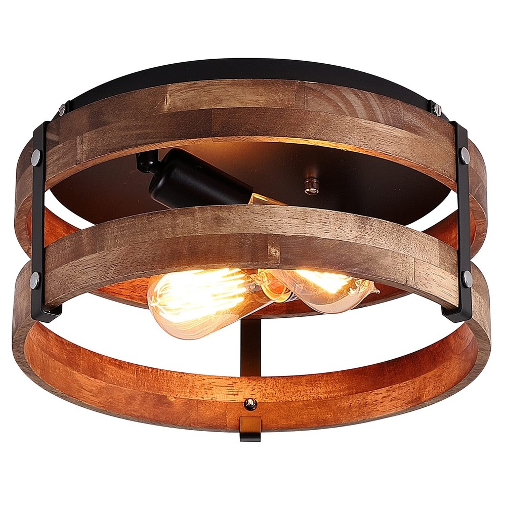 2-Light Rustic Oak Wood Round Drum Semi-Flush Mount Ceiling Fixture