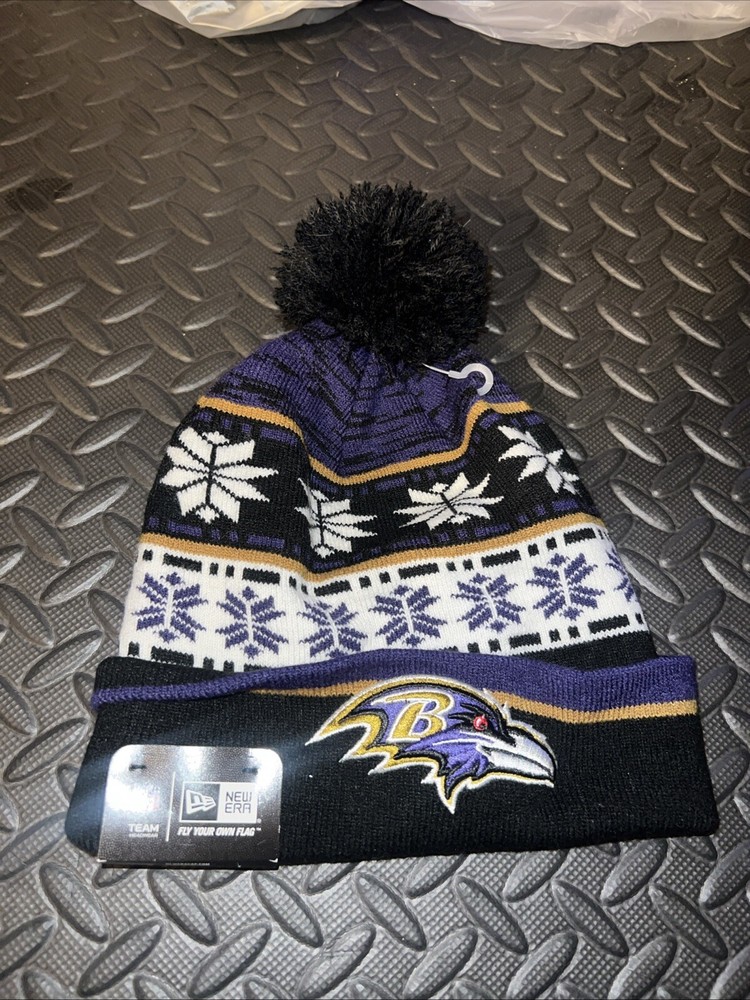 NWT Adult New Era NFL Baltimore Ravens Blizzard Knit Pom Hat Black Purple