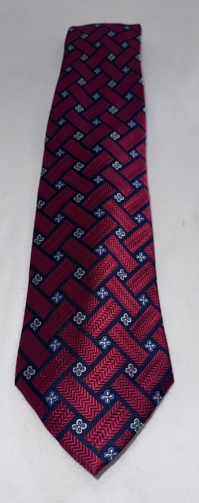 Zionetti Men's Italian 100% Silk Tie Red Blue Floral Geo Made In Italy Necktie