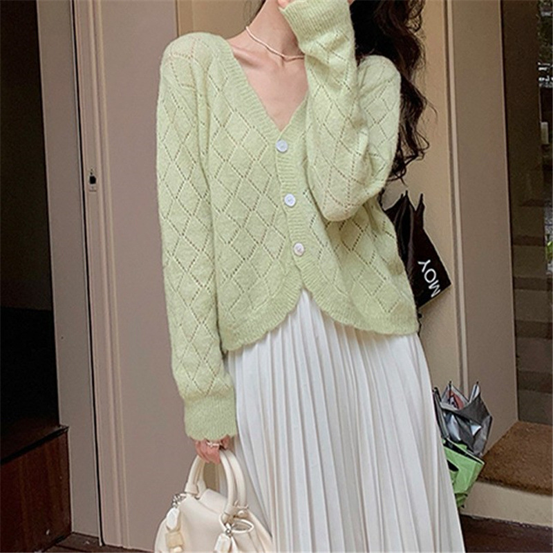 Women's Thin Section Hollow Knitted Cardigan Jacket V-neck Single-breasted Top