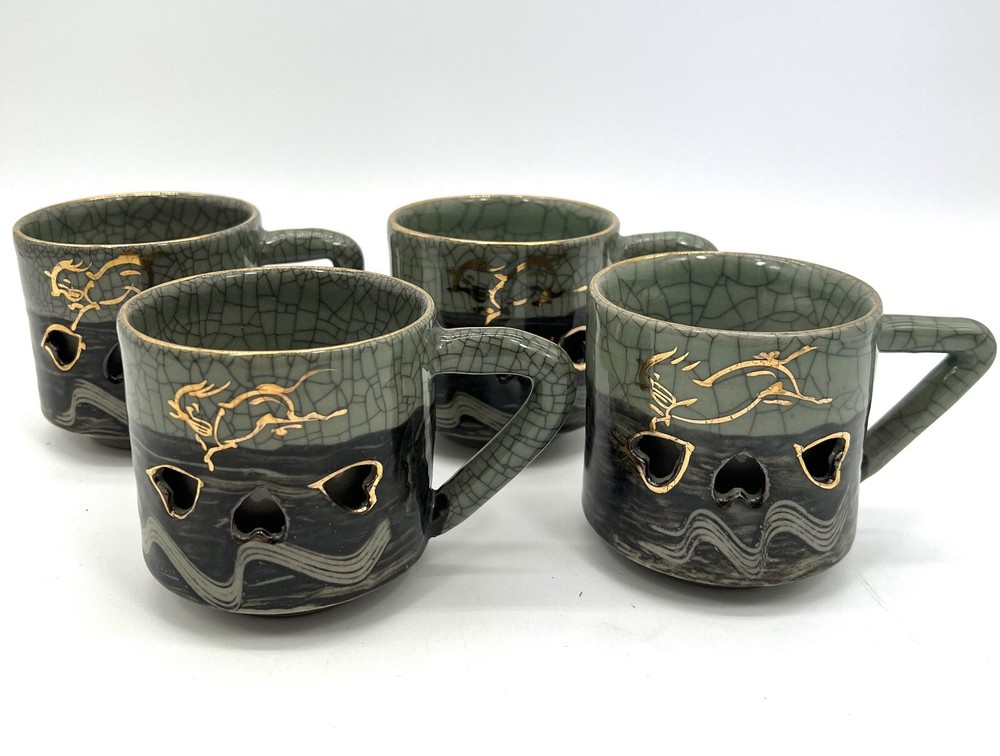 VTG Japanese Otagiri Somayaki Golden Horse & Hearts Double Walled 4 Coffee Cups