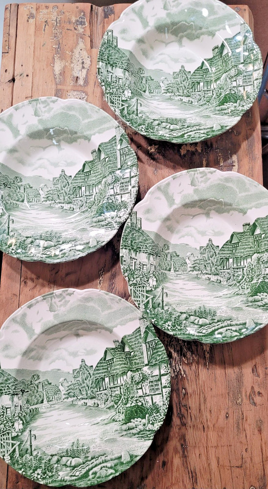 Johnson Bros Olde English Countryside Green Ironstone Soup Plates Set of 4