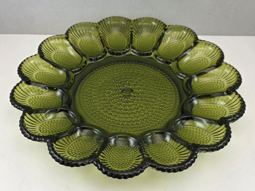 Vintage Indiana Glass Olive Green Hobnail Deviled Egg Dish Tray Plate MCM 15 Egg