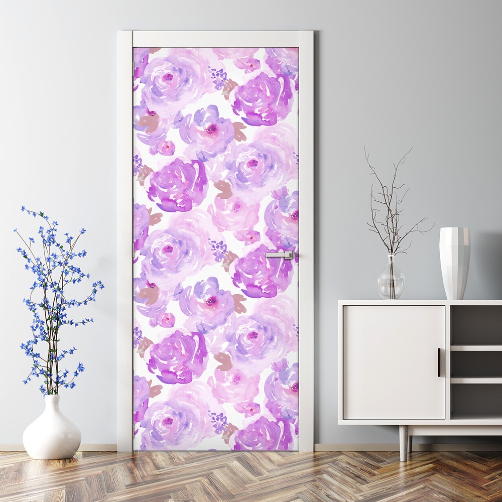 Watercolour purple flowers Bubble Free Kids nursery Door Decal Decor Reusable