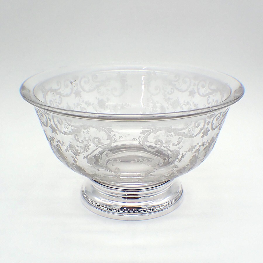Acid etched glass serving bowl with gadroon foot in sterling silver-image