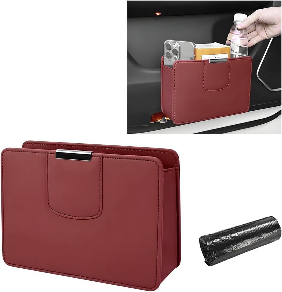 Magnetic Leather Trash Can Organizer for Car, Truck, SUV, Fold Color: Wine Red