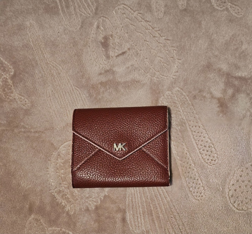 Michael Kors Trifold Wallet Burgundy Pink MK Logo Pebbled Leather