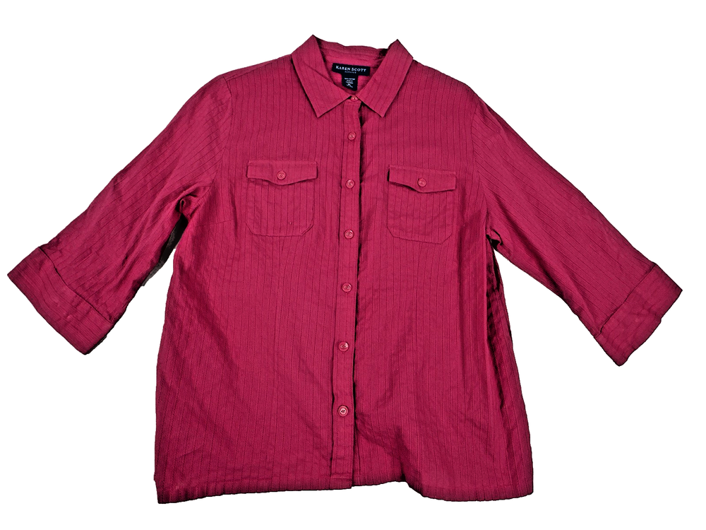 Karen Scott Casual Magenta Role Tab Sleeve Button Up Blouse. Women's Size XL