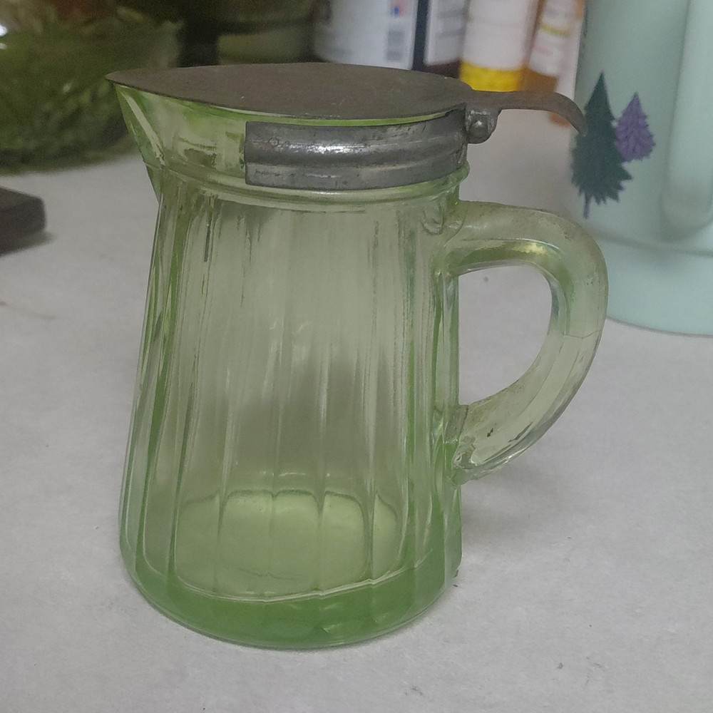 Unmarked Green Glass Pitcher with Metal Lid, Handle, Lid Included