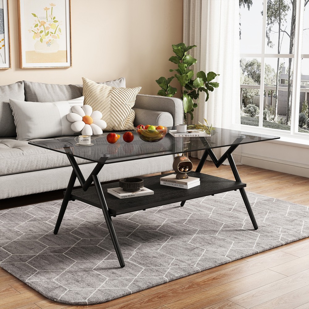 Modern Rectangle Glass Coffee Table Side Center Table with Shelf for Living Room