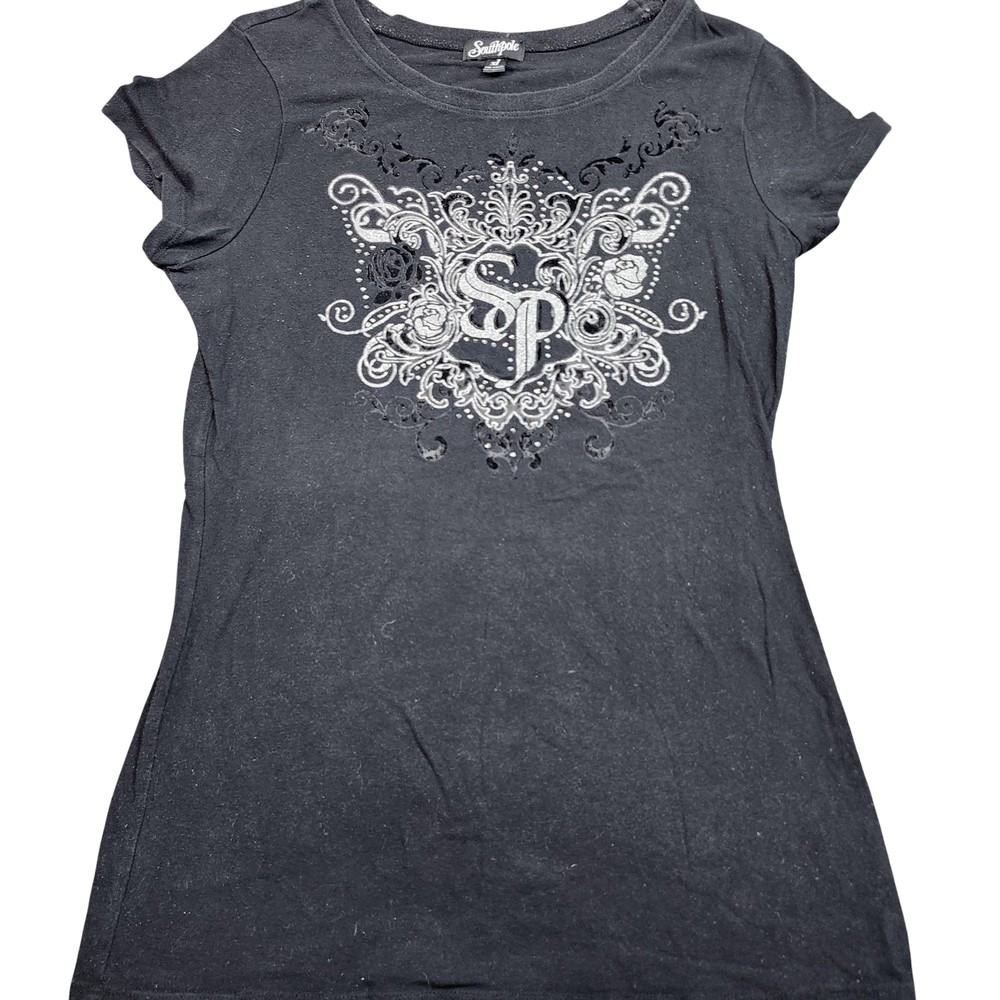 Southpole Shirt Womens XL Black Rhinestone Floral Crest SP Graphic Tee Top
