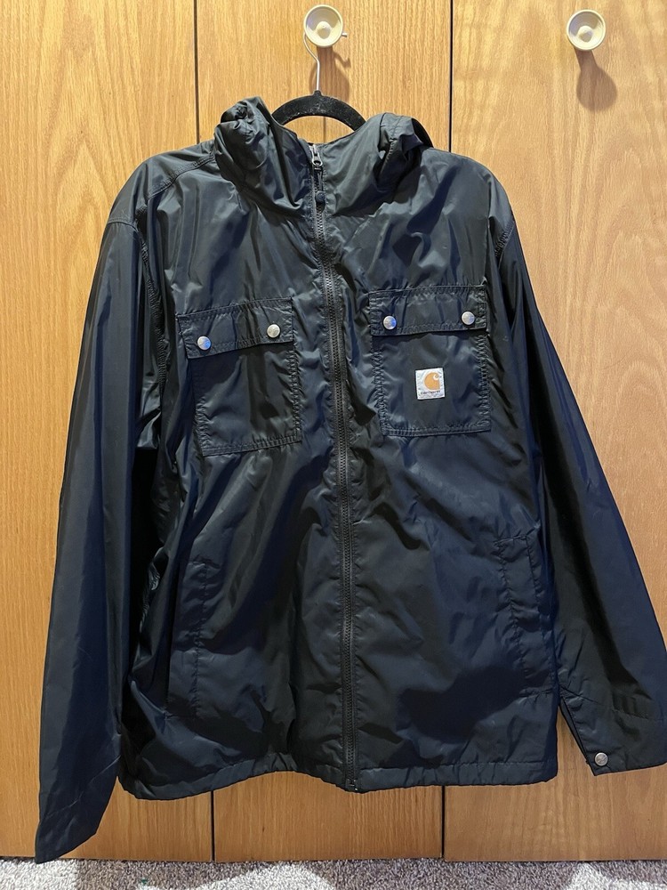 Carhartt Mens Large Black Windbreaker Hooded Jacket with Nylon Mesh Lining