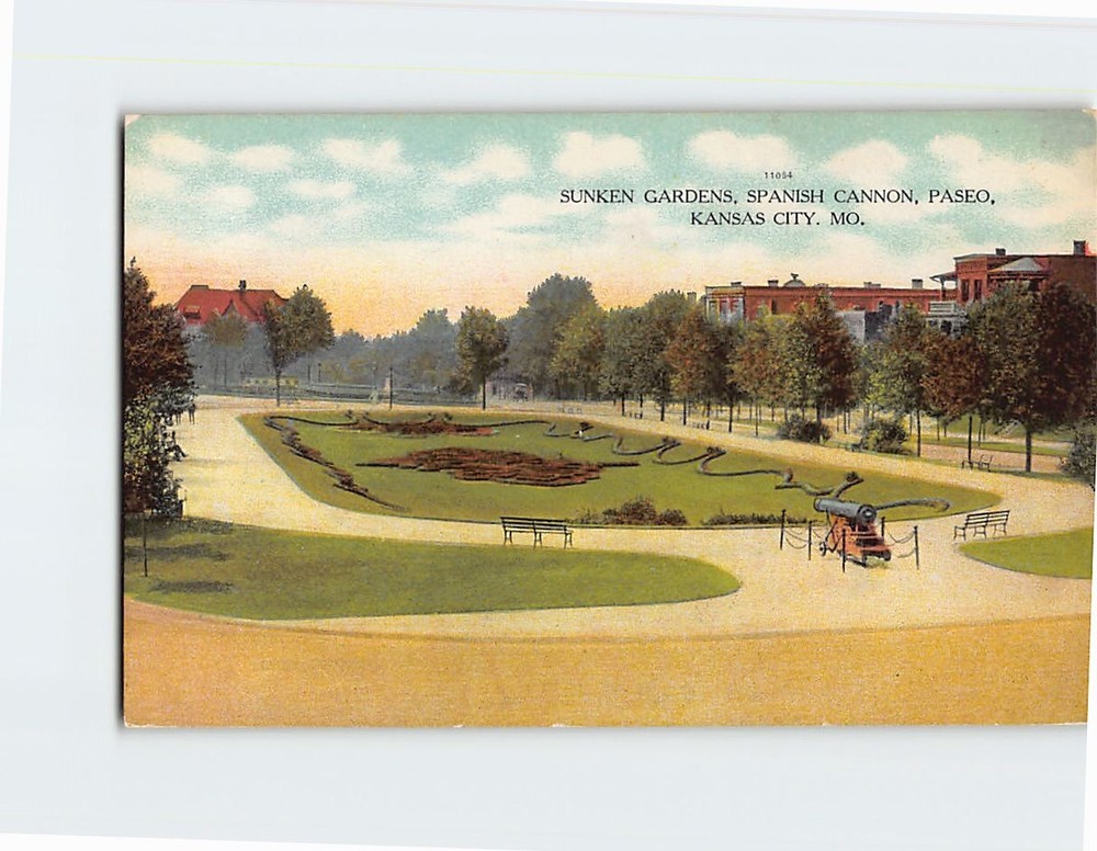 Postcard Sunken Gardens Spanish Cannon Paseo Kansas City Missouri USA