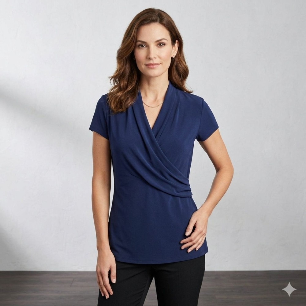 Charter Club Women's Navy Blue Faux Wrap Top Business Short Sleeve V-Neck Size M