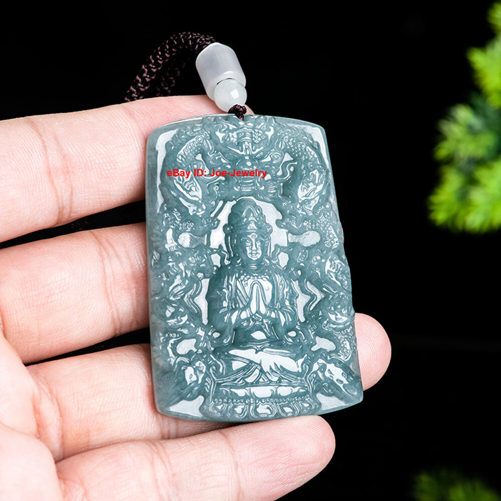 Natural Grade A Green Jade Dragon and Kwan-Yin Pendant 58mm H Chinese Amulet