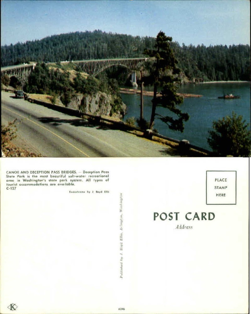 Canoe Deception Pass Bridges State Park WA chrome unused vintage postcard