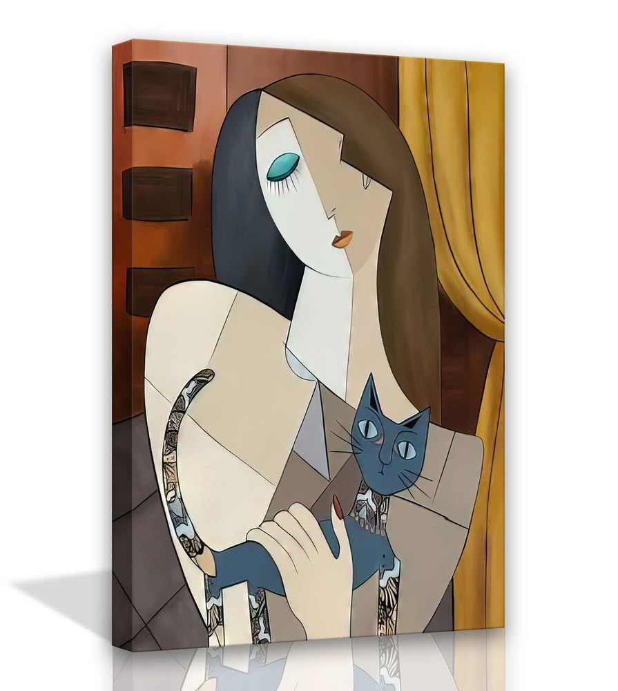 Picasso Style Woman with Cat Wall Art – Abstract Cubist Canvas Painting &#-image