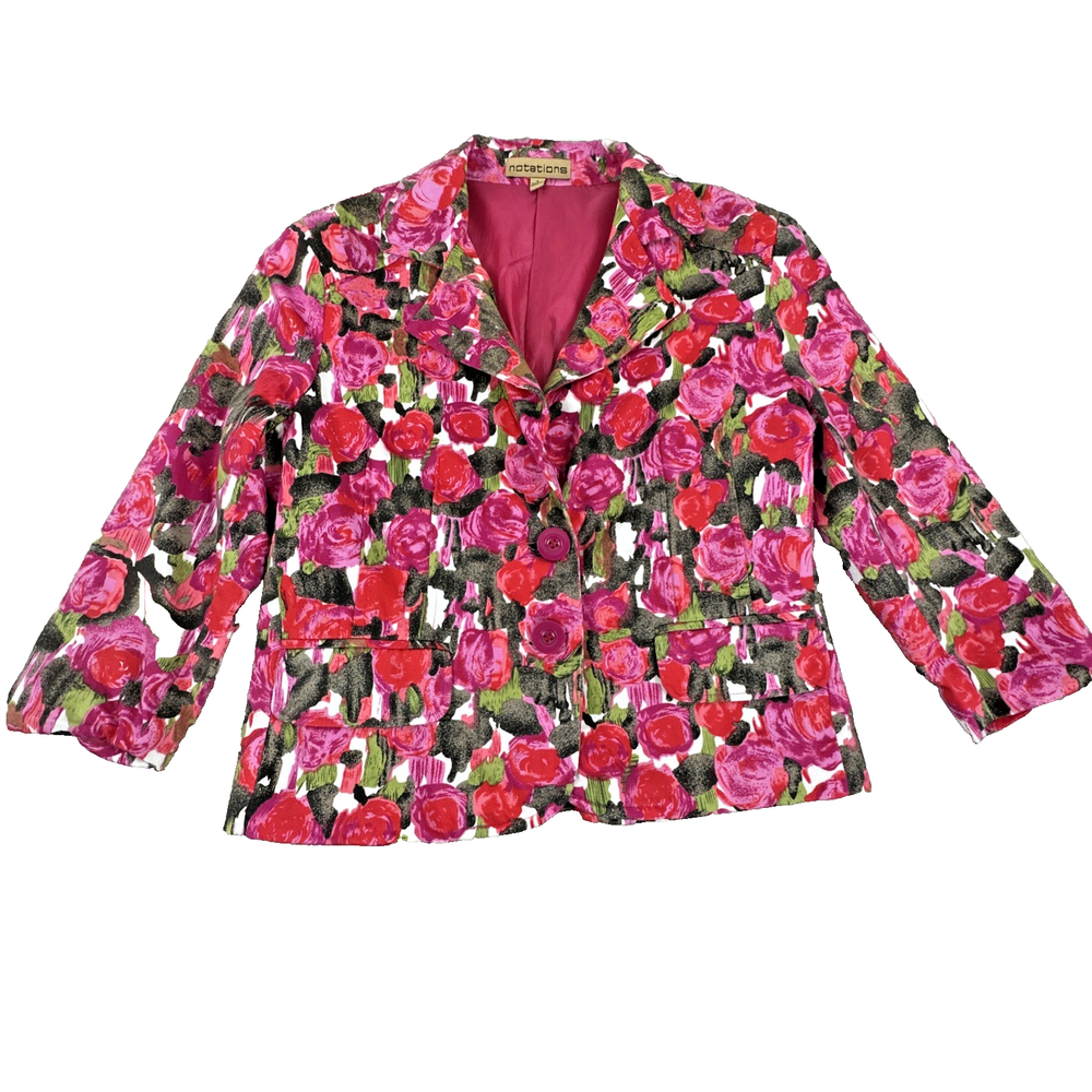 Notations Women's Floral Blazer Size S Pink Red Rose Print Long Sleeve Jacket