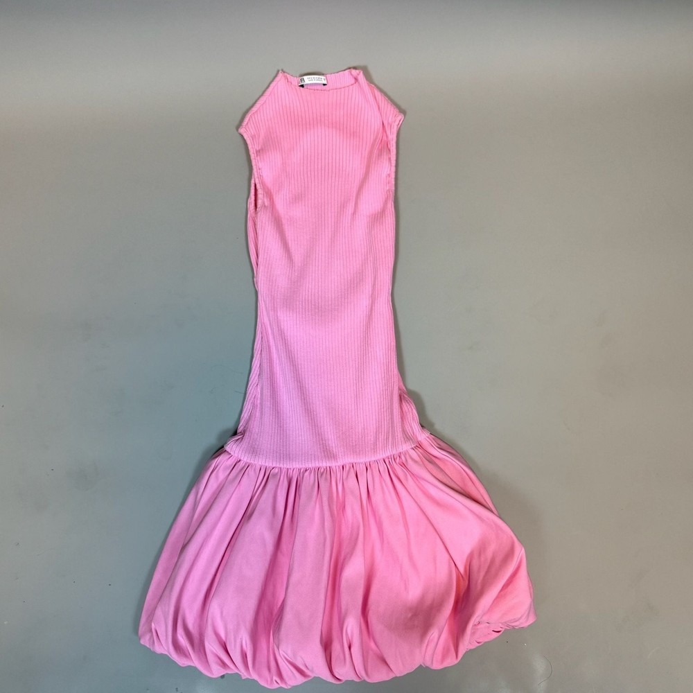 Zara Women’s Pink Ribbed Bubble Hem Mini Dress Size Small Strapless Y2K