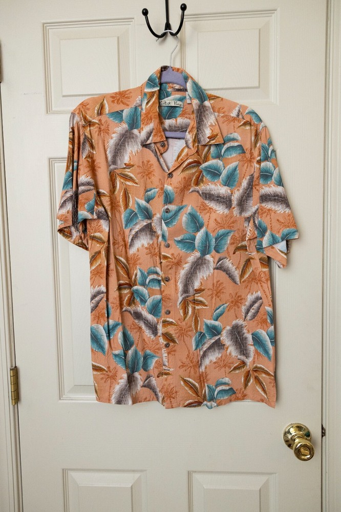 Batik Bay Hawaiian Shirt Men’s Peach with Palm Trees Tropical Rayon Size Large