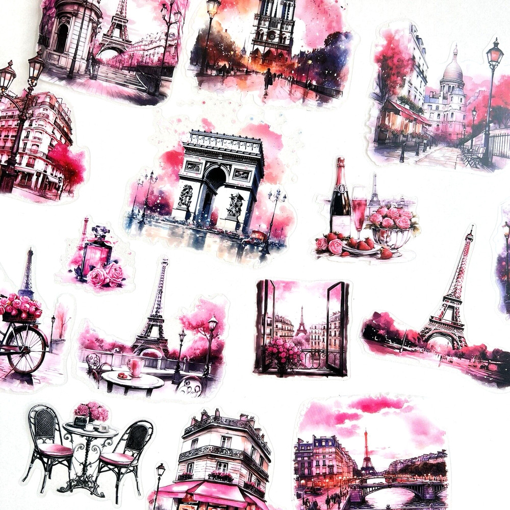 Pink Paris France Flake Stickers Travel Scrapbooking Junk Journaling Collage