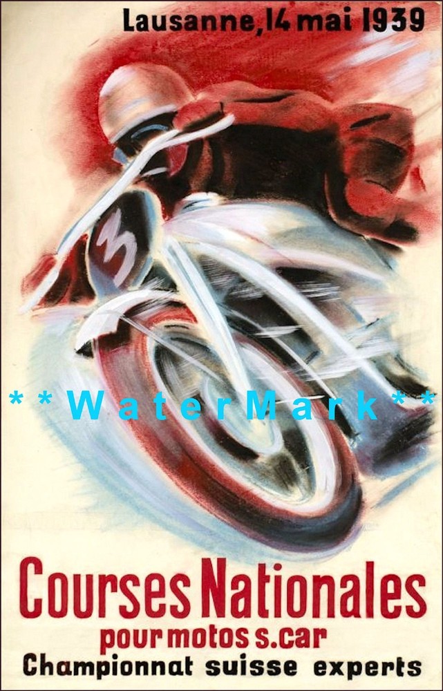 Motorcycle Racing 1939 Course Nationales Switzerland Vintage Poster Print