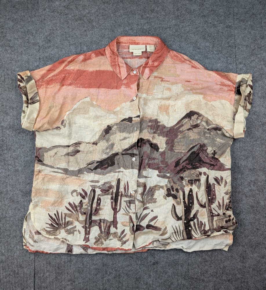 Cynthia Rowley Linen Button Up Shirt Womens Medium Relaxed Desert Art Southwest