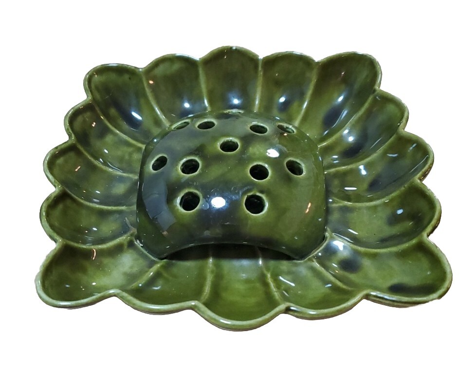 Vintage Arts And Crafts Ceramic Green Floral  Bowl Flower Frog Dish Pottery