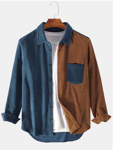 Mens Stitching Corduroy Loose Long Sleeve Shirts Casual T-Shirt Jacket Thin Coat