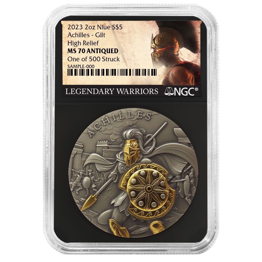 2023 Achilles 2 oz High Relief Silver Antiqued & Gold Gilded NGC MS70-image