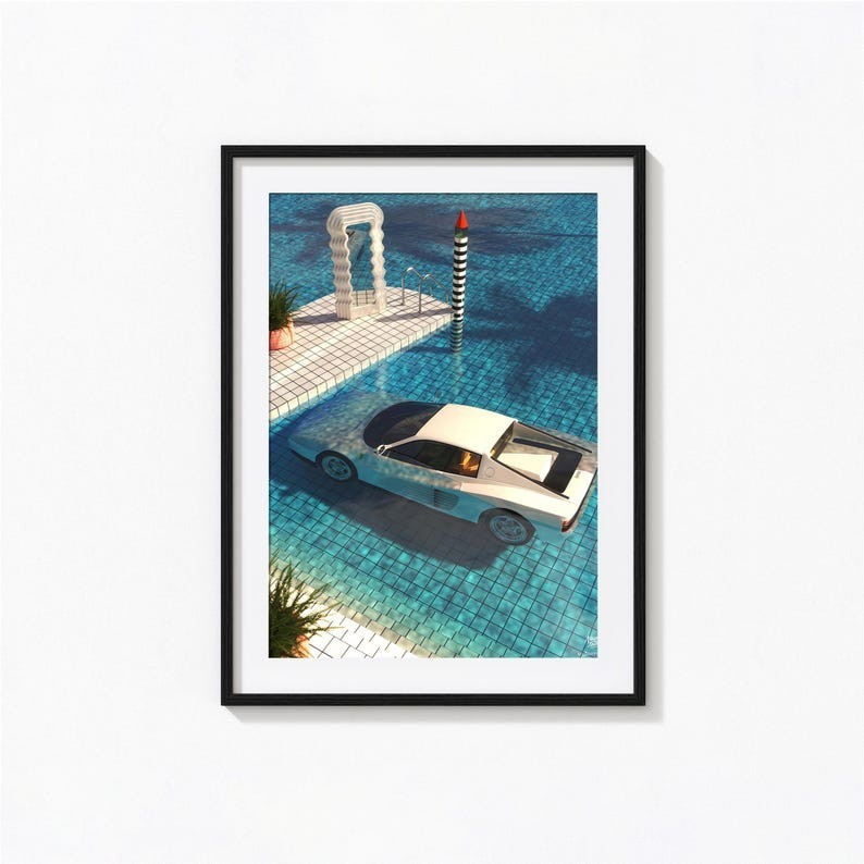 White Ferrari in Pool Poster, Ferrari Wall Art, Car Poster, Vintage Print