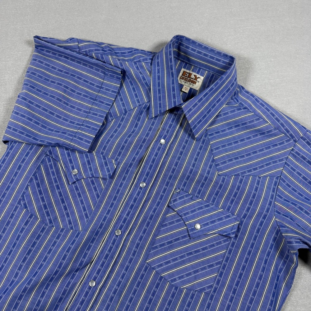 Ely Cattleman Mens Shirt Western Pearl Snap M Blue White Stripes Vintage Cotton