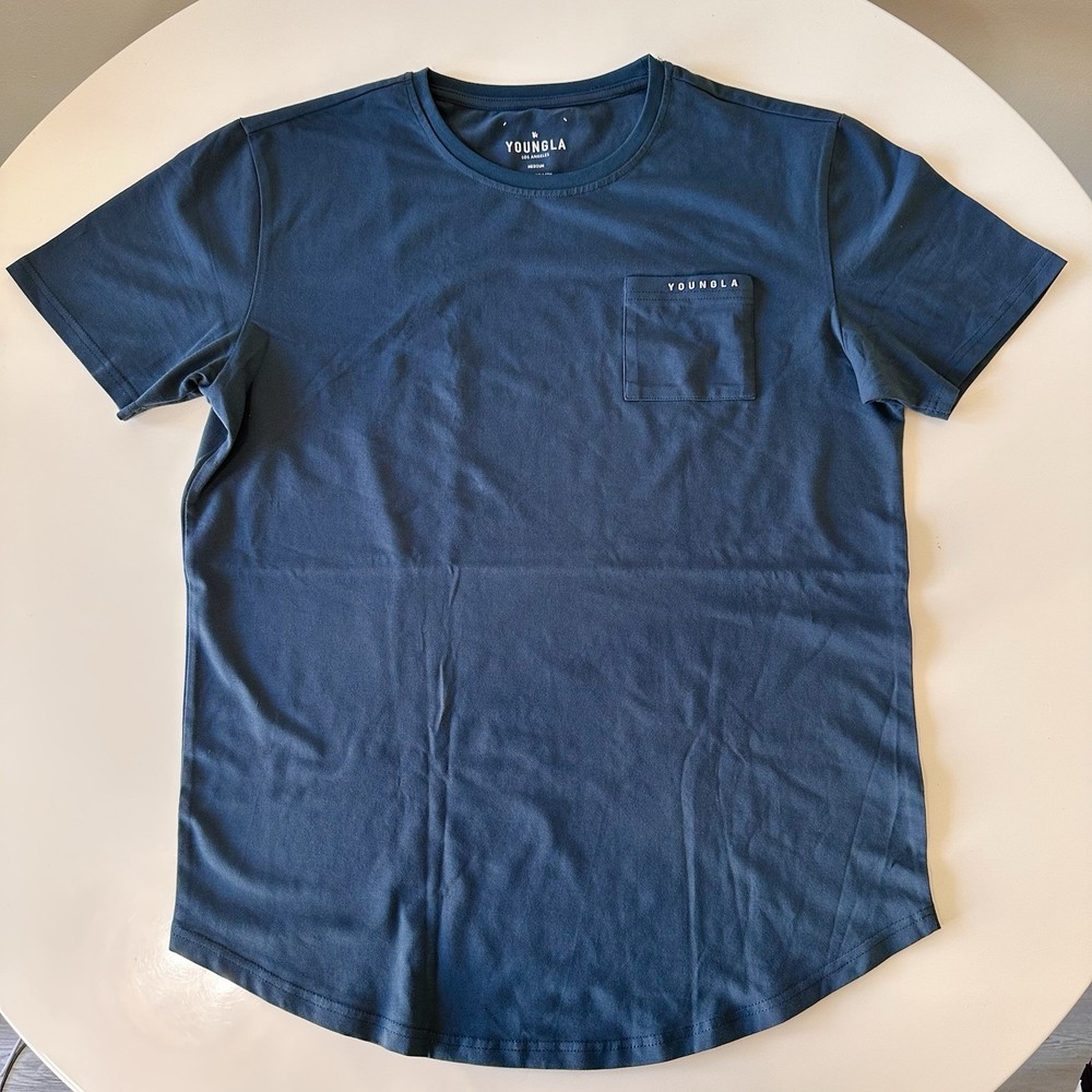 YoungLA Men's M TealBlue Solid Crew Neck Short Sleeve Pocket Logo T-Shirt