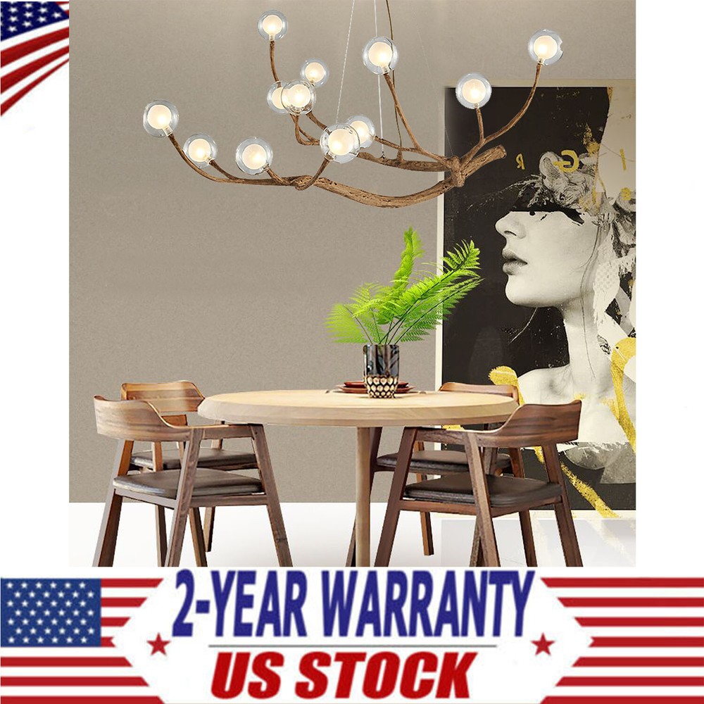 36W Glass Bubble LED Chandelier Pendant Ceiling Light Wood Branch Hanging Lamp
