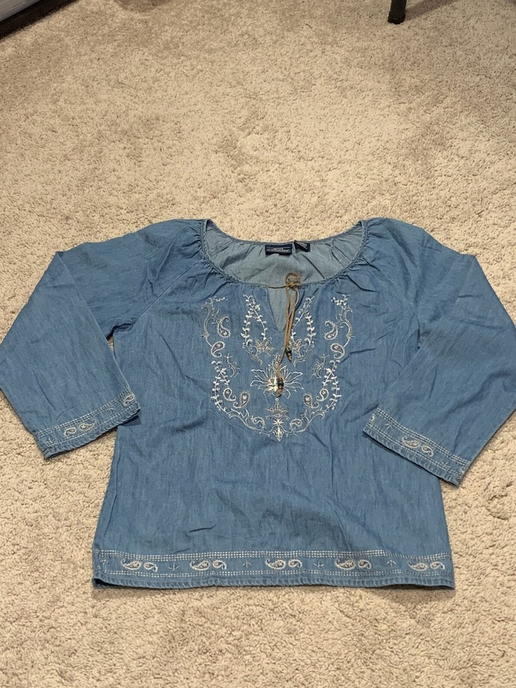 Sonoma Womens Shirt Size XS Blue Denim Embroidered Keyhole Tie Front Flowy Top