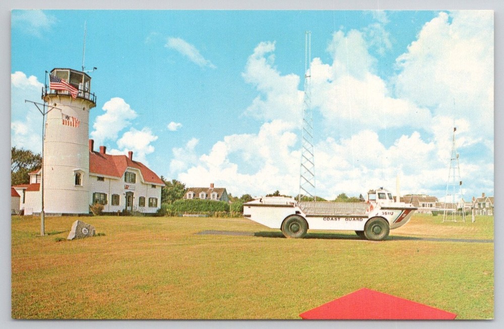 Chatham Lighthouse Cape Cod MA Coast Guard Vehicle Vintage Chrome Postcard