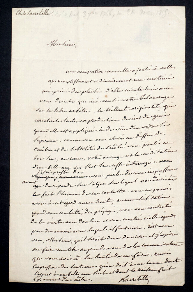 Charles De Lacretelle - Signed Autograph Letter To Monsieur De Bouflers, [1855]