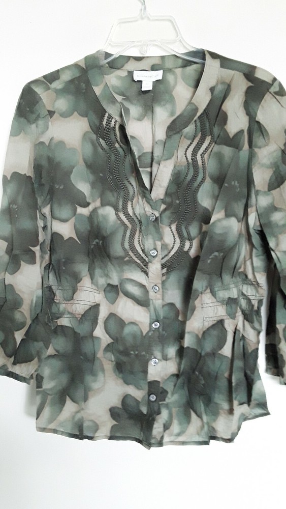 CHARTER CLUB  12 Shirt Top Green Tan Floral Embroidered  Cotton