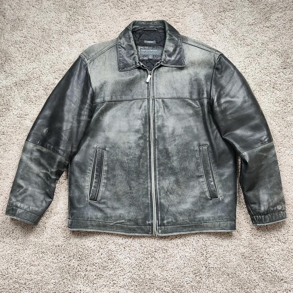 Perry Ellis Portfolio Jacket Mens Medium Gray Lambskin Leather Bomber Lined