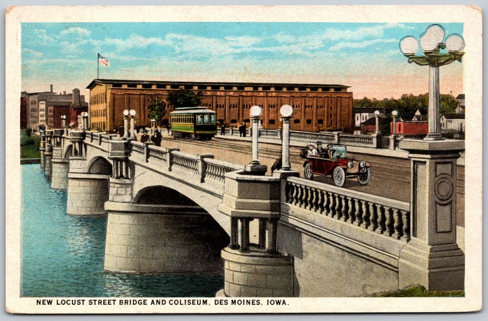 Locust Street Bridge & Coliseum DES MOINES Iowa Vintage ANTIQUE Postcard
