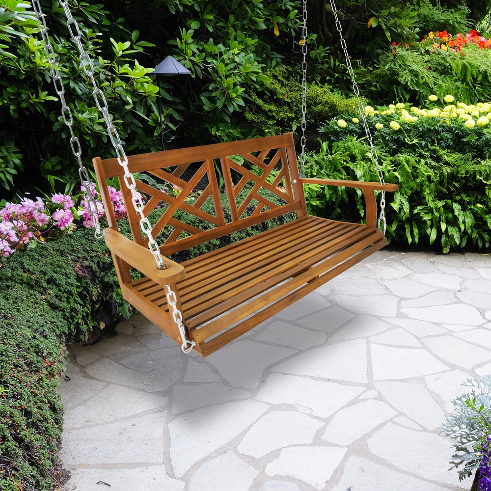 Acacia Wood 4FT Patio Swing Chair Heavy Duty Outdoor Bench with Chains Natural-image