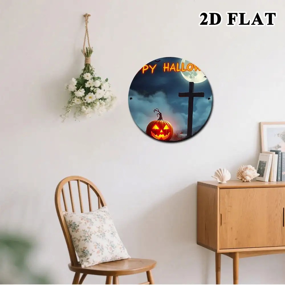 Vintage Gothic Halloween Round Metal Decor with Jack-O-Lantern Bats