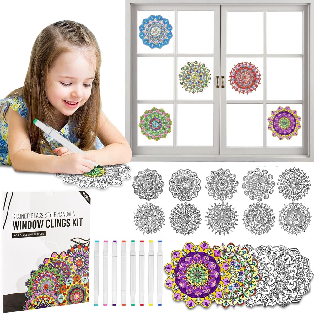 Stained Glass Mandala Art Kit DIY Window Clings with Markers for Adult and Kids