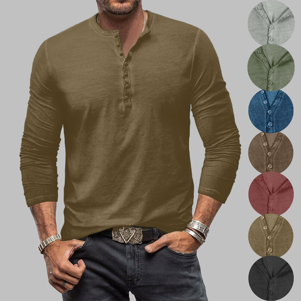 Camisas lisas de manga larga para hombre con botones informales calce ajustado trabajo abuelo Henley Prendas para el torso EE. UU.-image